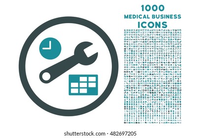 Date and Time Setup rounded vector bicolor icon with 1000 medical business icons. Set style is flat pictograms, soft blue colors, white background.