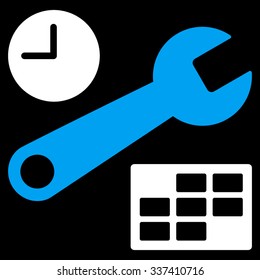 Date And Time Setup vector icon. Style is bicolor flat symbol, blue and white colors, rounded angles, black background.