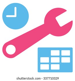 Date And Time Setup vector icon. Style is bicolor flat symbol, pink and blue colors, rounded angles, white background.