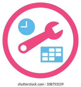 Date And Time Setup vector icon. Style is bicolor flat rounded symbol, pink and blue colors, rounded angles, white background.