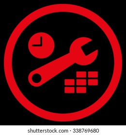 Date And Time Setup vector icon. Style is flat rounded symbol, red color, rounded angles, black background.