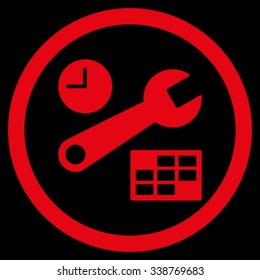 Date And Time Setup vector icon. Style is flat rounded symbol, red color, rounded angles, black background.