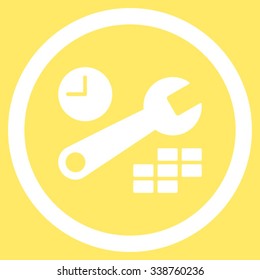 Date And Time Tools vector icon. Style is flat rounded symbol, white color, rounded angles, yellow background.