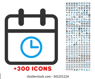 Date Time vector icon with additional 300 date and time management pictograms. Style is bicolor flat symbols, blue and gray colors, rounded angles, white background.