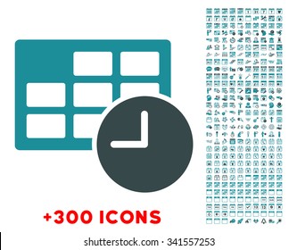 Date And Time vector icon with additional 300 date and time management pictograms. Style is bicolor flat symbols, soft blue colors, rounded angles, white background.