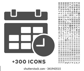 Date And Time vector icon with additional 300 date and time management pictograms. Style is flat symbols, gray color, rounded angles, white background.