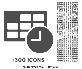 Date And Time vector icon with additional 300 date and time management pictograms. Style is flat symbols, gray color, rounded angles, white background.