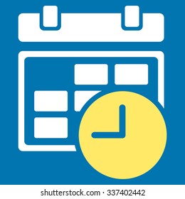 Date And Time vector icon. Style is bicolor flat symbol, yellow and white colors, rounded angles, blue background.