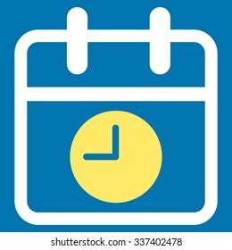 Date And Time vector icon. Style is bicolor flat symbol, yellow and white colors, rounded angles, blue background.