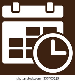 Date And Time vector icon. Style is flat symbol, white color, rounded angles, brown background.