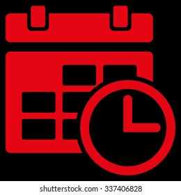 Date And Time vector icon. Style is flat symbol, red color, rounded angles, black background.