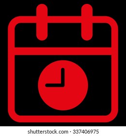 Date And Time vector icon. Style is flat symbol, red color, rounded angles, black background.