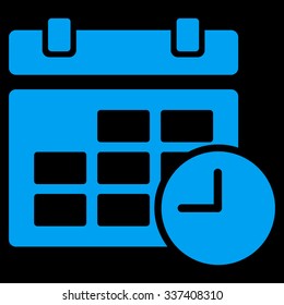 Date And Time vector icon. Style is flat symbol, blue color, rounded angles, black background.