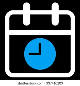 Date And Time vector icon. Style is bicolor flat symbol, blue and white colors, rounded angles, black background.