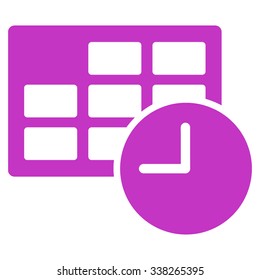 Date And Time vector icon. Style is flat symbol, violet color, rounded angles, white background.