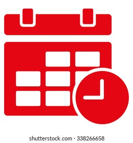 Date And Time vector icon. Style is flat symbol, red color, rounded angles, white background.