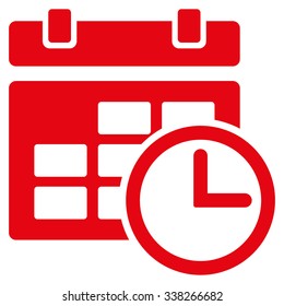 Date And Time vector icon. Style is flat symbol, red color, rounded angles, white background.