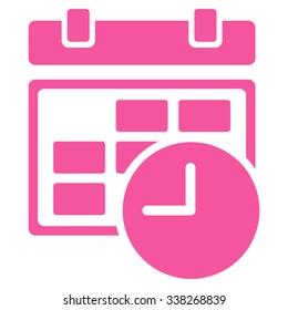Date And Time vector icon. Style is flat symbol, pink color, rounded angles, white background.