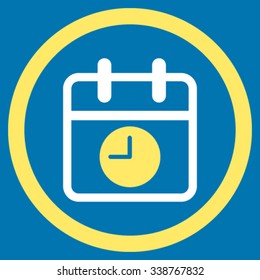 Date And Time vector icon. Style is bicolor flat rounded symbol, yellow and white colors, rounded angles, blue background.