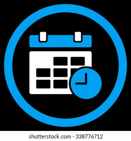 Date And Time vector icon. Style is bicolor flat rounded symbol, blue and white colors, rounded angles, black background.