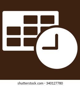 Date And Time vector icon. Style is flat symbol, white color, rounded angles, brown background.