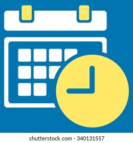 Date And Time vector icon. Style is bicolor flat symbol, yellow and white colors, rounded angles, blue background.