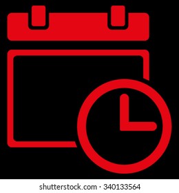 Date And Time vector icon. Style is flat symbol, red color, rounded angles, black background.