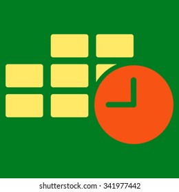 Date Time vector icon. Style is bicolor flat symbol, orange and yellow colors, rounded angles, green background.