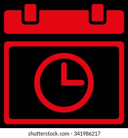 Date Time vector icon. Style is flat symbol, red color, rounded angles, black background.