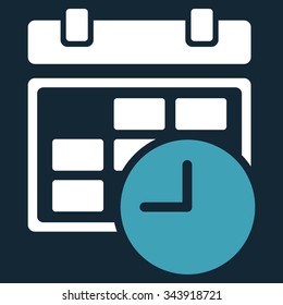 Date And Time vector icon. Style is bicolor flat symbol, blue and white colors, rounded angles, dark blue background.