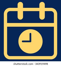 Date And Time vector icon. Style is flat symbol, yellow color, rounded angles, blue background.