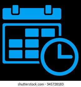 Date And Time vector icon. Style is flat symbol, blue color, rounded angles, black background.