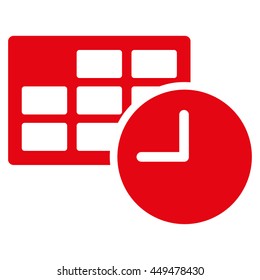 Date And Time vector icon. Style is flat symbol, red color, rounded angles, white background.