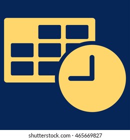 Date And Time vector icon. Style is flat symbol, yellow color, rounded angles, blue background.