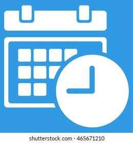 Date And Time vector icon. Style is flat symbol, white color, rounded angles, blue background.
