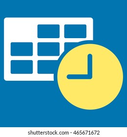 Date And Time vector icon. Style is bicolor flat symbol, yellow and white colors, rounded angles, blue background.
