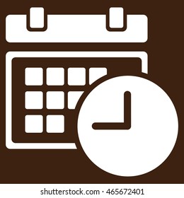 Date And Time vector icon. Style is flat symbol, white color, rounded angles, brown background.