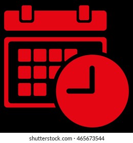 Date And Time vector icon. Style is flat symbol, red color, rounded angles, black background.