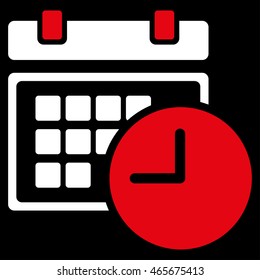 Date And Time vector icon. Style is bicolor flat symbol, red and white colors, rounded angles, black background.