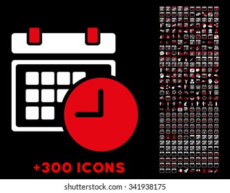 Date And Time vector pictogram with additional 300 date and time management icons. Style is bicolor flat symbols, red and white colors, rounded angles, black background.