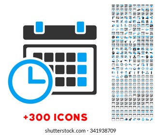 Date And Time vector pictogram with additional 300 date and time management icons. Style is bicolor flat symbols, blue and gray colors, rounded angles, white background.