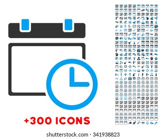 Date And Time vector pictogram with additional 300 date and time management icons. Style is bicolor flat symbols, blue and gray colors, rounded angles, white background.