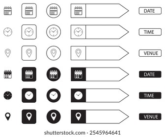 Date time venue icons set. Vector illustration