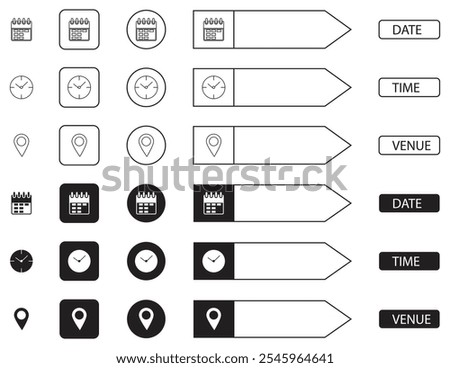 Date time venue icons set. Vector illustration