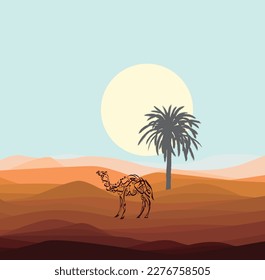 Date tree in desert with camel 