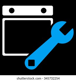 Date Tuning vector icon. Style is bicolor flat symbol, blue and white colors, rounded angles, black background.