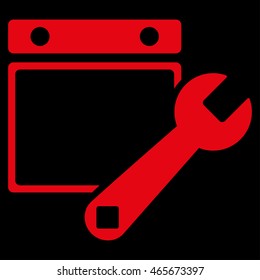 Date Tuning vector icon. Style is flat symbol, red color, rounded angles, black background.