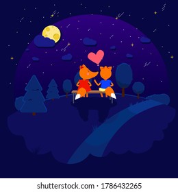 Date Under The Moon. A Fox Cub Boy Gives A Girl A Balloon In The Shape Of A Heart. Romantic Date Foxes. Forest At Night. Stars And Moon In The Sky.