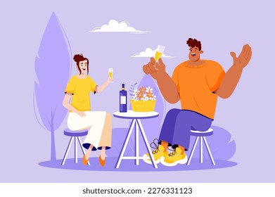 Date violet concept with people scene in the flat cartoon design. The young couple arranged a romantic dinner to celebrate the important date. Vector illustration.