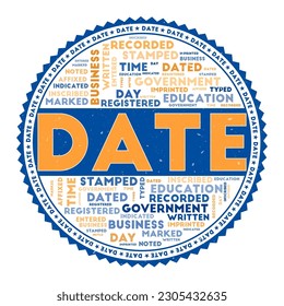 DATE word image. Date concept with word clouds and round text. Nice colors and grunge texture. Appealing vector illustration.